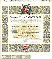 Hypothekenanleihe des Futbol Club Barcelona über 100 Peseten, ausgegeben am 24. Mai 1922 in Barcelona, als Präsident im Original unterschrieben von Joan Gamper