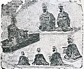 Scholars depicted on Han dynasty pictorial brick, discovered in Chengdu. Scholars wore hats called Jinxian Guan (进贤冠) to denominate educational status.[後漢書 6]
