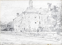 A lightly rendered pencil sketch of the rear and east facades of the house