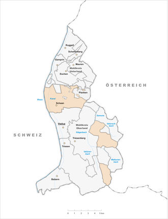 Lage der Gemeinde Schaan im Fürstentum Liechtenstein (anklickbare Karte)