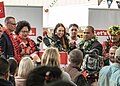 Prime Minister of New Zealand Jacinda Ardern and Pasifika Members of Parliament wear lei at an event.