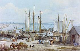 Entladung von Schiffen Mitte des 19. Jahrhunderts.