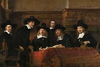 Rembrandt van Rijn, The Syndics of the Clothmaker's Guild, 1662, oil on canvas, 191.5 cm × 279 cm (75.4 in × 109.8 in), Rijksmuseum, Amsterdam