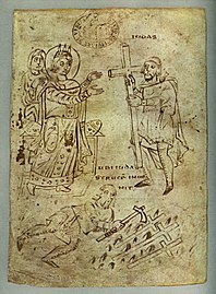 Auffindung des Kreuzes, Miniatur, um 825 (Biblioteca Capitolare, Vercelli)