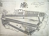 André Mollet's design for the park in Charles II's time, before 18th and 19th century remodelling, which shaped a more natural-looking lake from the straight canal visible here, the eastern part of which was filled in to create Horse Guards Parade