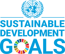 Logo for the United Nations Sustainable Development Goals with the UN symbol above the words "Sustainable Development Goals". The "O" in goals being a rainbow of colours
