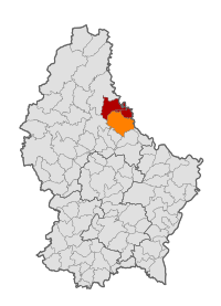 Map of Luxembourg with Tandel highlighted in orange, and the canton in dark red