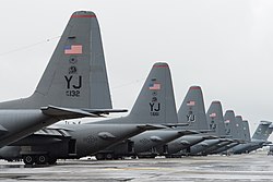 US Air Force C-130 Hercules of the 36th Airlift Squadron parked on the Yokota flight-line during 2013.