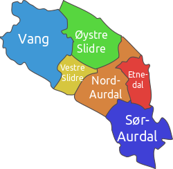 Administrative map of municipalities in Valdres.