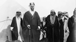 A picture of King Abdulaziz with Sheikh Faisal bin Sultan Al-Dawish next to him, taken by the English officer Shakespear the day before the Battle of Jerrab, where Shakespear was killed in that battle.