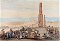 Painting by James Atkinson with Ghazni fort in the background of the Ghazni Minarets, 1839.