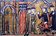 13th-century miniature of King Baldwin II granting the captured Al Aqsa Mosque to Hugues de Payens