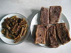 Hkaw bouk – dried cakes of ngacheik glutinous rice with Bombay duck, both fried