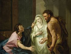 Herkules entreißt Alkestis dem Totengott Thanatos und führt sie dem Admetus zu by Johann Heinrich Tischbein (circa 1780)