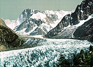 Mer de Glace, Dent du Géant (4,013 m) and Grandes Jorasses (4,208 m) in Chamonix (c. 1890)