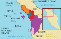 The four Kedahan dominions by 1860 in colour, after the loss of Terang (Trang) to Siam in 1810, the secession of Prince of Wales Island and Province Wellesley to the British between 1786 and 1860 and the Kedah Partition of 1843 that witnessed the birth of four separate dominions. The four kingdoms are in their respective colours, while other neighbouring polities are in light brown.