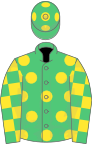 EMERALD GREEN, yellow spots, check sleeves, emerald green cap, yellow spots