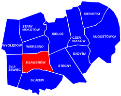 Location of the City Information System area of Ksawerów within the city district of Mokotów