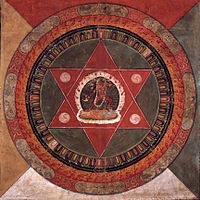 Painted 19th century Tibetan mandala of the Naropa tradition, Vajrayogini stands in the center of two crossed red triangles, Rubin Museum of Art