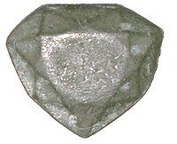 Lead cast of the "French Blue" diamond, discovered in 2007 at the National Museum of Natural History (France) by Farges (ca. 31 mm × 26 mm (1.2 in × 1.0 in)).