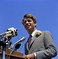 Robert F. Kennedy addresses the crowd at San Fernando Valley State College in 1968