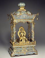 Chinese shrine for a Bodhisattva, 1736–1795. Shrine: Cloisonné enamel on copper alloy; Figure is copper with gems