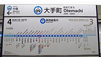 Ōtemachi, Tokio: Linienband der Tōzai Line mit Stationsnummer (T09), Vollname in Kanji (大手町) und Transkriptionen in Hiragana (おおてまち), Rōmaji, Chinesisch (大手町) und Hangeul (오테마치)