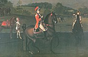 Lieutnant Sir John Floyd, 1st Baronet, 15th Light Dragoons, Kitty Hunter, disguised as a page, and another officer at the riding school of Wilton House