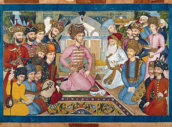 A crowd, in middle of them, a sitted Abbas II, and the Mughal ambassador