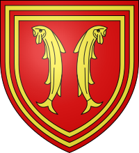 Gules, two fishes Or addorsed, bordured multiply: gules, Or, gules, Or