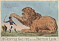 Caricature of a "Gentle Salute" from the British Lion, knocking Napoleon's hat off (circa 1803)