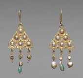 Pair of Byzantine earrings; 7th century; gold, pearls, glass and emeralds; 10.2 by 4.5 centimetres (4.0 in × 1.8 in); Cleveland Museum of Art (Cleveland)