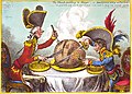 Image 10James Gillray's The Plumb-pudding in Danger (1805). The world being carved up into spheres of influence between Pitt and Napoleon. According to Martin Rowson, it is "probably the most famous political cartoon of all time—it has been stolen over and over and over again by cartoonists ever since." (from Political cartoon)