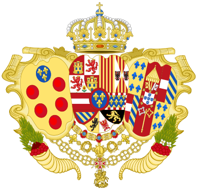 Coat of arms as Infante of Spain, Sovereign Duke of Parma, Piacenza and Guastalla, and Grand Prince and Heir of Tuscany (1731–1735)[66]