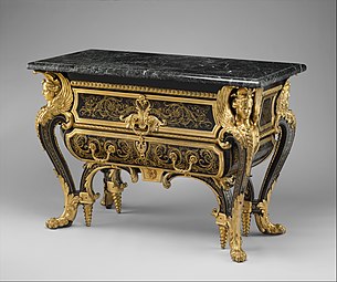 Commode; by André-Charles Boulle; c.1710–1732; walnut veneered with ebony and marquetry of engraved brass and tortoiseshell, gilt-bronze mounts, antique marble top; 87.6 x 128.3 x 62.9 cm; Metropolitan Museum of Art (New York City)[129]