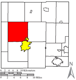 Location of Holmes Township (red) in Crawford County, next to the city of Bucyrus (yellow)