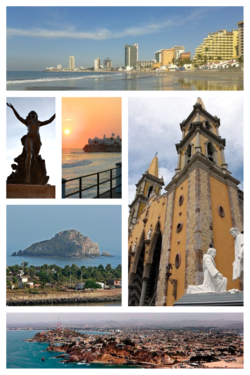 Clockwise, from upper left: Hotel Zone, Monument to Mazatleca women, Mazatlán pier, Cordones Island, Mazatlán Cathedral, Panoramic view of the city