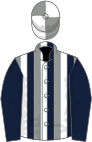 Dark blue, grey and white stripes, grey and white quartered cap