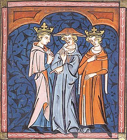 Two crowned figures, Philip II and Richard. In between them is another figure who is mediating between the two. He is wearing a large red headress.