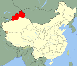 Territorial extent of the Second East Turkestan Republic (red), encompassing the three districts of Ili, Tarbagatay and Altay