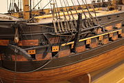 Straight walls of an arsenal model of Suffren, with the lower long 30-pounder battery, the upper short 30-pounder battery, and the 30-pounder carronades on the deck