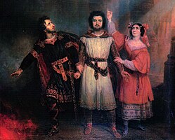 The trio in act 5 of Giacomo Meyerbeer's opera Robert le diable with (from left to right): Nicolas Levasseur as Bertram, Adolphe Nourrit as Robert, and Cornélie Falcon as Alice, 1835