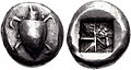 Image 55Silver stater of Aegina, 550–530 BC. Obv. Sea turtle with large pellets down centre. Rev. incuse square punch with eight sections. (from Coin)