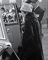 First lady of Argentina Clorinda Málaga de Prado wearing a soft fabric lampshade-style model in 1960 on a trip to Rotterdam