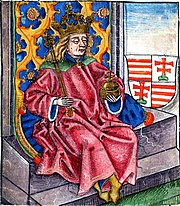 Chronica Hungarorum, Thuróczy chronicle, King Béla IV of Hungary, throne, crown, orb, scepter, double cross, Árpád stripes, Hungarian coat of arms, medieval, Hungarian chronicle, book, illustration, history
