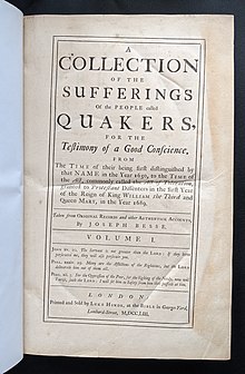 the title page of Besse's work 'A Collection of Sufferings of the People Called Quakers'