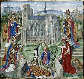 Miniature of Margaret of York praying in front of the Church of St. Gudula, c. 1468