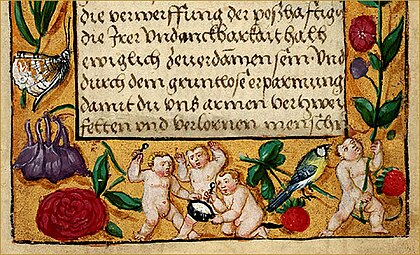 Renaissance putti in the Codex Durlach 2, unknown illustrator, 1520, painted illumination, Baden State Library, Karlsruhe, Germany