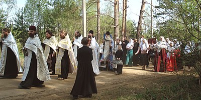 Russian Orthodox Old-Rite Church paschal procession in Guslitsa. Moscow region. May 2, 2008.
