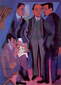Kirchner, Artist Community, (1926/27) oil on canvas; painted after the Die Brücke years. (Schmidt-Rottluff on the right, with glasses.)